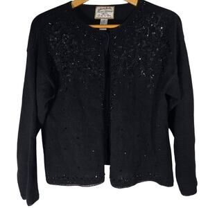 VTG Goth NYE‎ Holiday Black Beaded Knit Cardigan Large Crochet Y2K Grandma Event